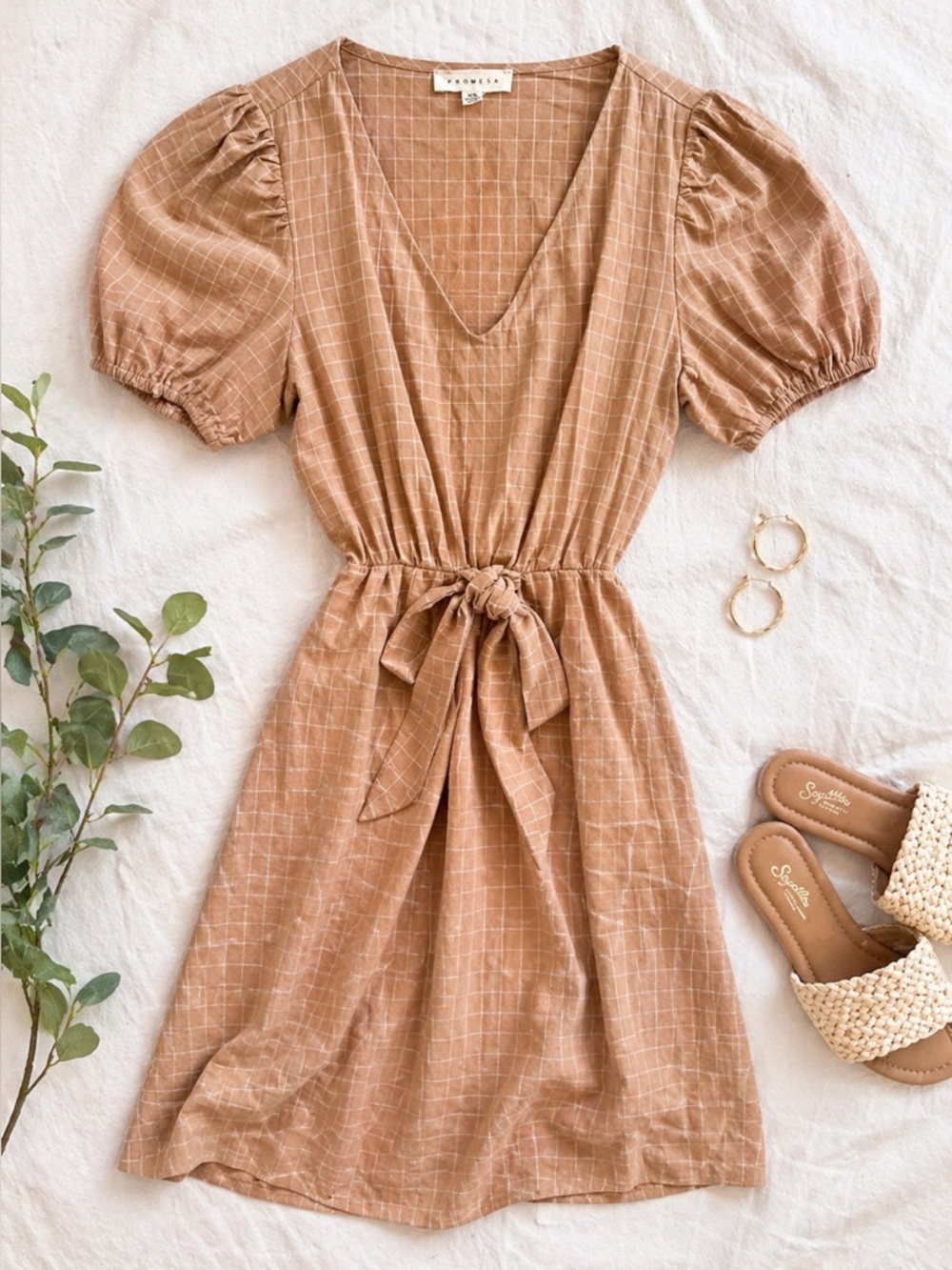 Promesa Beige Grid Puff Sleeve Cutout Back Tie Waist Dress XS Boho Cottagecore